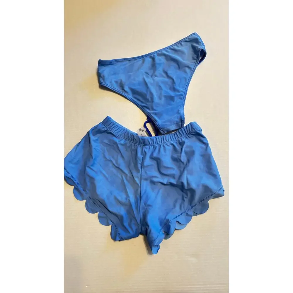 Shein Scalloped Royal Blue 3 piece bikini swimsuit shorts & top sz XS